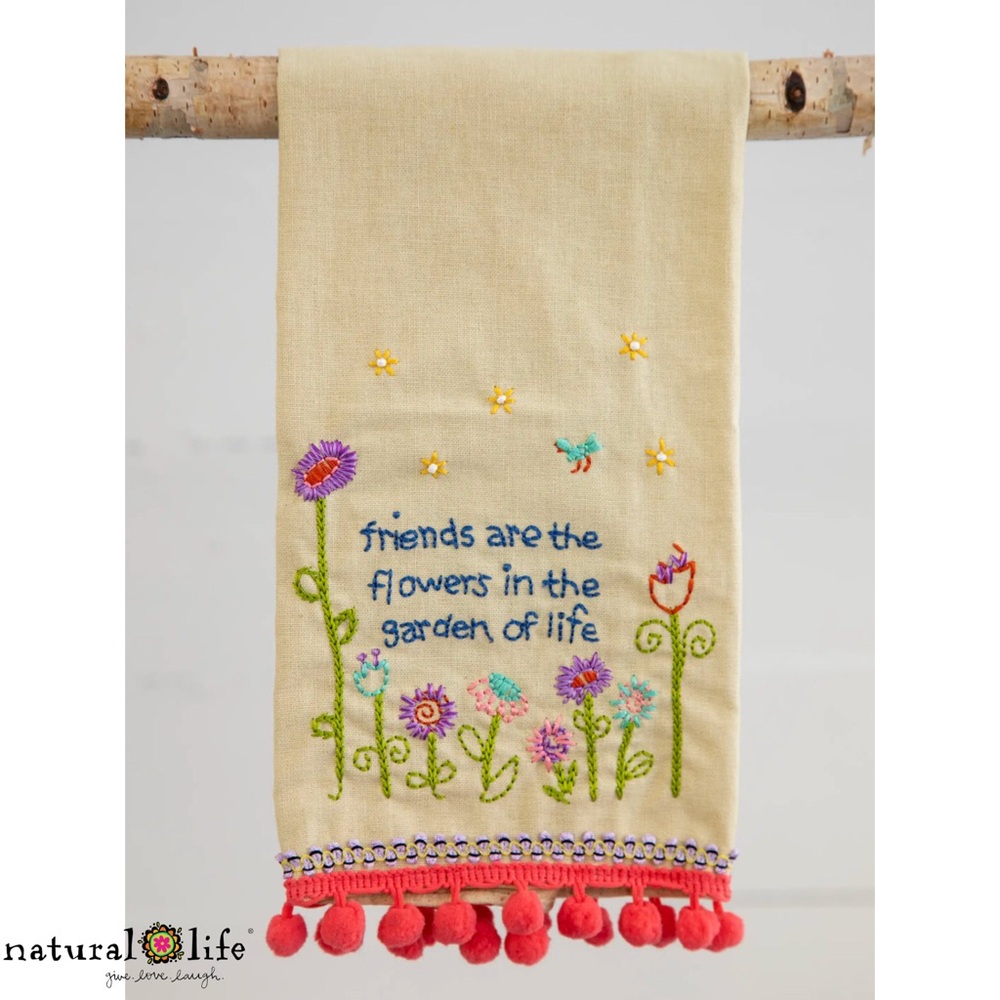Natural Life Linen Embroidered Floral Tea Towel with Pom Pom Trim